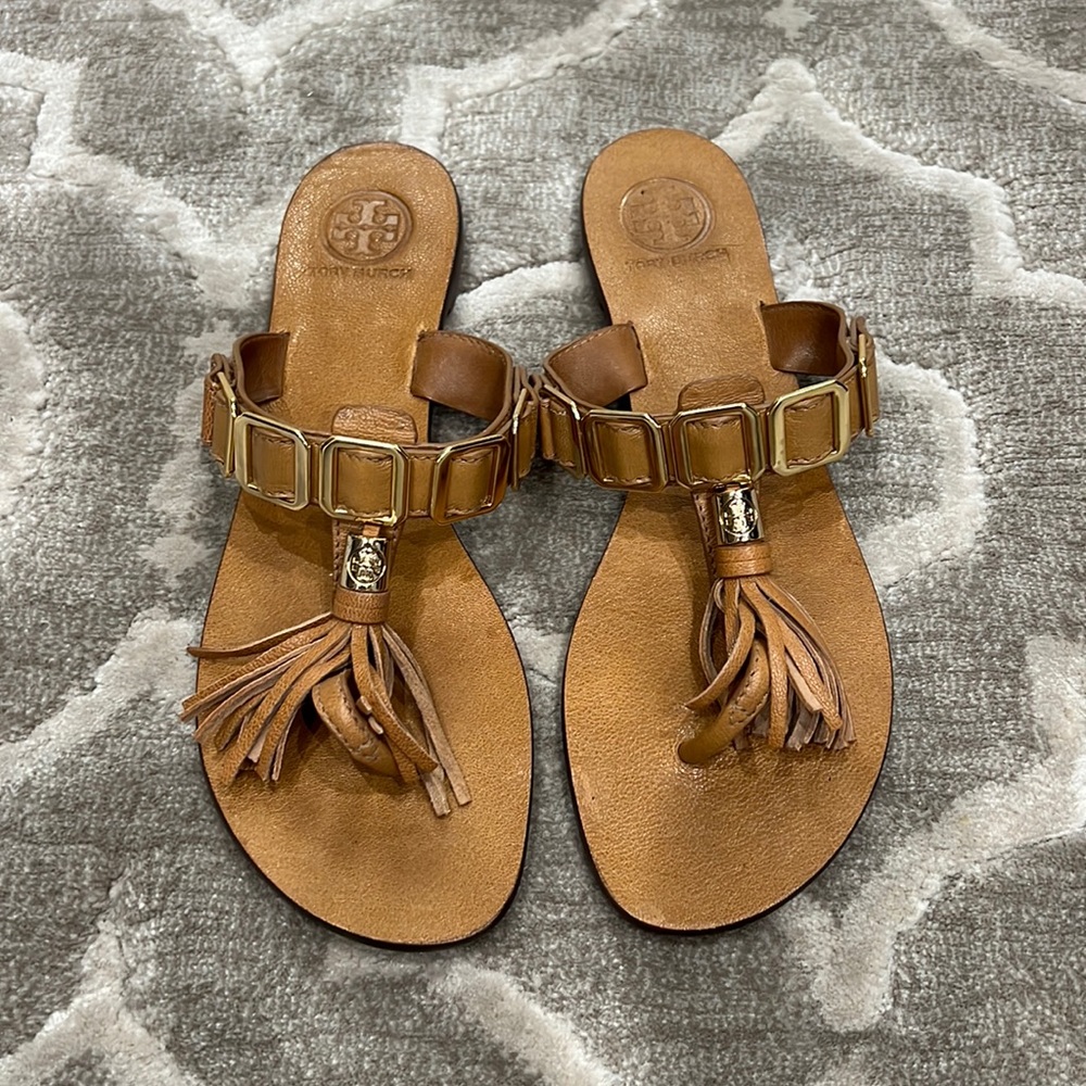 Tory Burch Womens Tassel Slide Thong Leather Sandals.